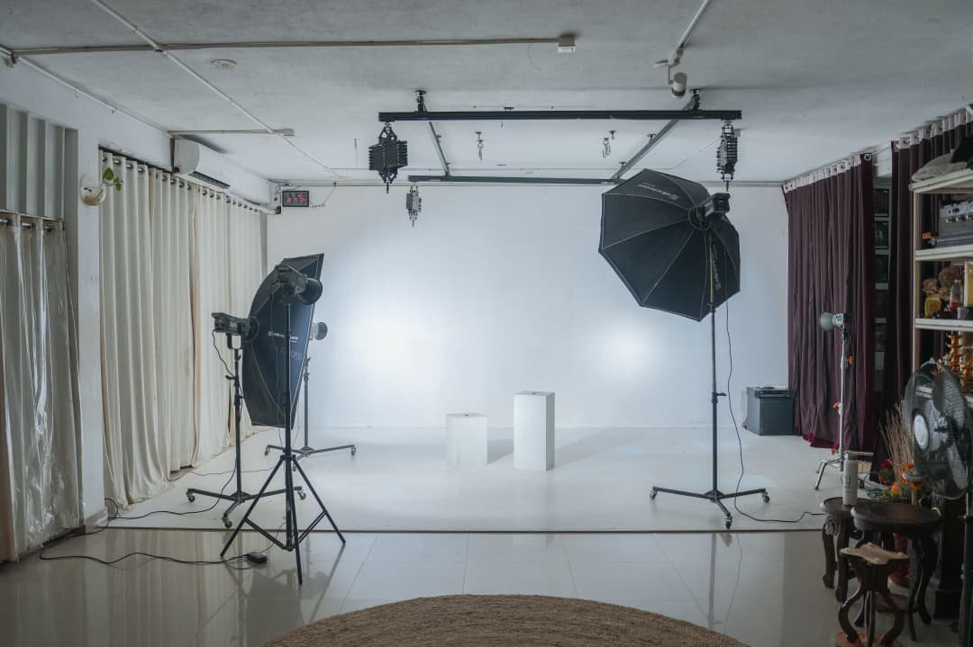 White studio space with professional lights